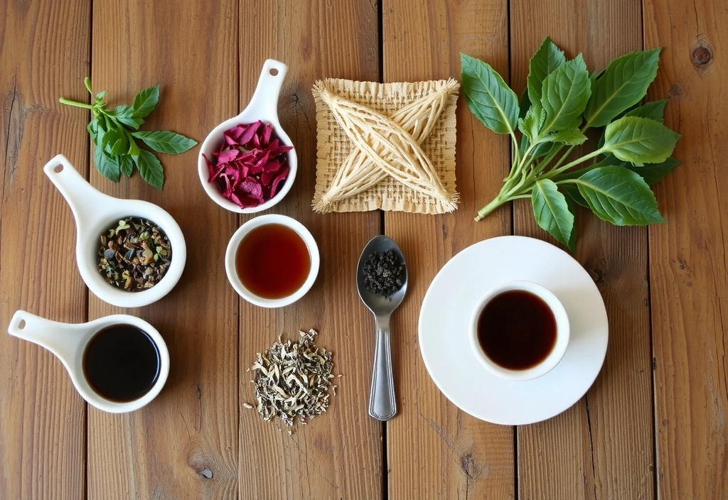 A selection of colorful herbal teas and fresh herbs, representing natural remedies.