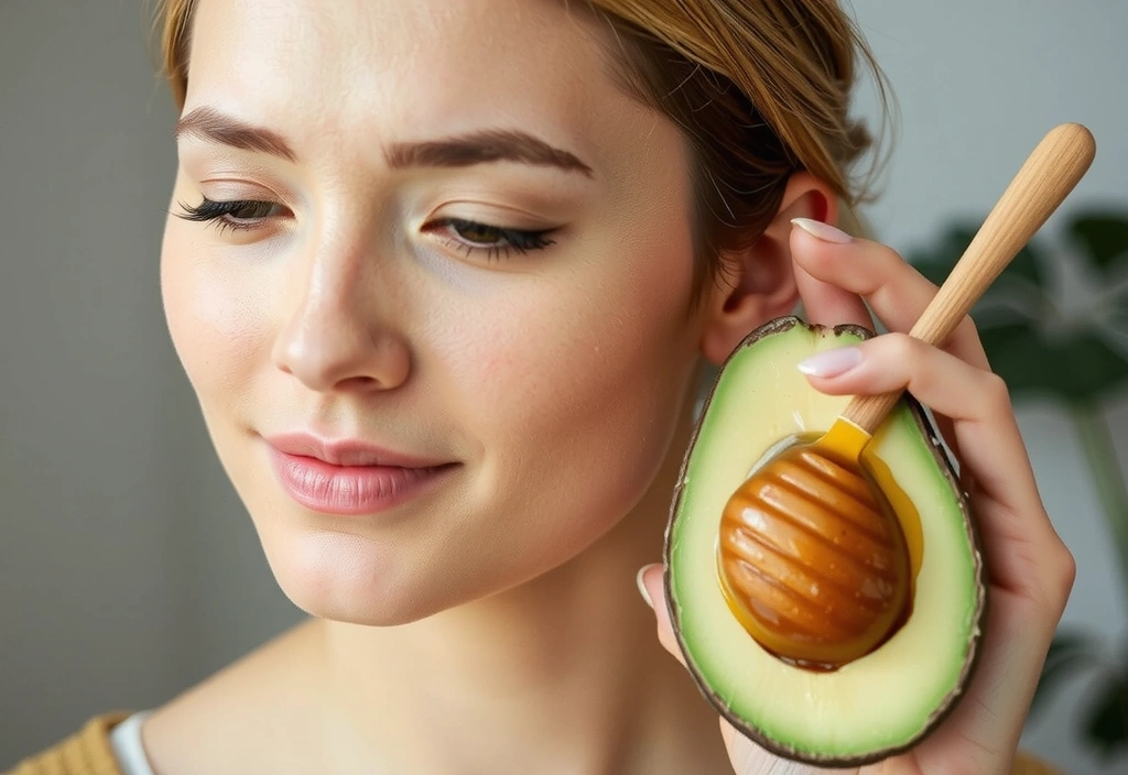 A woman applying a natural face mask with a serene expression, surrounded by natural ingredients like avocado and honey.