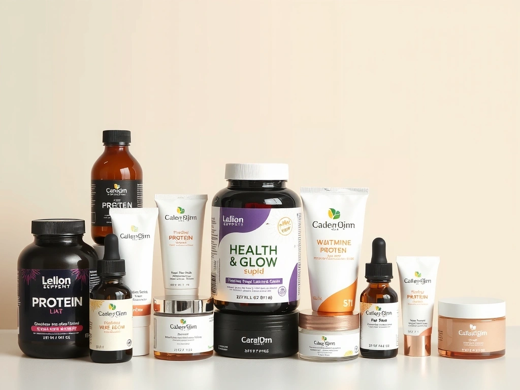 Assortment of Healthandglowhungarycx & Glow products, including supplements and skincare items, arranged aesthetically on a clean, bright background to showcase variety and quality.