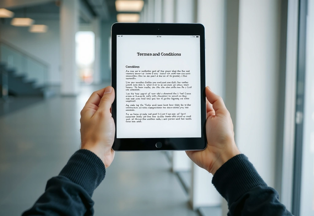 Person reading terms and conditions on a tablet, symbolizing agreement and digital interaction